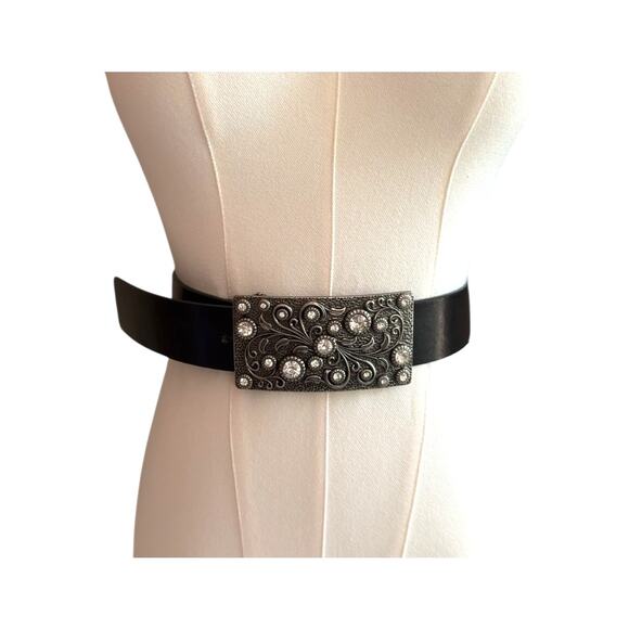 Rhinestone Crystal Belt Buckle Antiqued Rectangle Floral Engraved Buckle Belt L - Picture 7 of 9